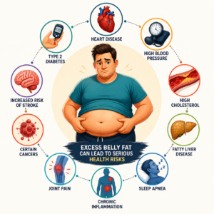 A premium animated illustration showing a fit man and woman following a healthy lifestyle with nutritious meals, strength training, cardio exercise, waist measurement, water bottle, fresh fruits and vegetables, symbolizing natural belly fat loss and sustainable weight management.