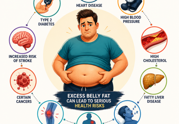 A premium animated illustration showing a fit man and woman following a healthy lifestyle with nutritious meals, strength training, cardio exercise, waist measurement, water bottle, fresh fruits and vegetables, symbolizing natural belly fat loss and sustainable weight management.