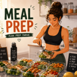 Illustrated woman preparing healthy meals in a modern kitchen with neatly organized meal prep containers filled with lean protein, vegetables, and whole grains for the week.