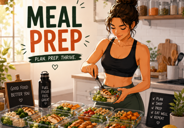 Illustrated woman preparing healthy meals in a modern kitchen with neatly organized meal prep containers filled with lean protein, vegetables, and whole grains for the week.