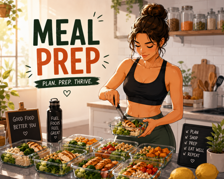 Illustrated woman preparing healthy meals in a modern kitchen with neatly organized meal prep containers filled with lean protein, vegetables, and whole grains for the week.