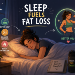 Illustrated woman sleeping peacefully at night with the message "Sleep Fuels Fat Loss," highlighting the connection between quality sleep, metabolism, hormone balance, and sustainable weight loss.