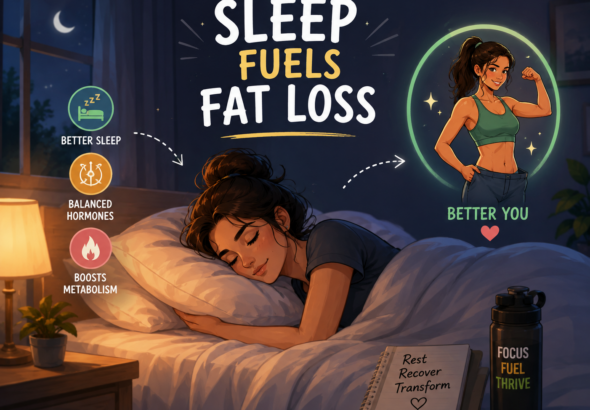Illustrated woman sleeping peacefully at night with the message "Sleep Fuels Fat Loss," highlighting the connection between quality sleep, metabolism, hormone balance, and sustainable weight loss.