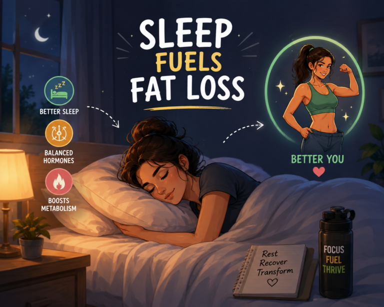 Illustrated woman sleeping peacefully at night with the message "Sleep Fuels Fat Loss," highlighting the connection between quality sleep, metabolism, hormone balance, and sustainable weight loss.
