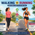 A premium animated illustration comparing a man walking on one side and running on the other through a scenic park, with subtle fitness elements highlighting calorie burn, heart health, endurance, and sustainable fat loss.