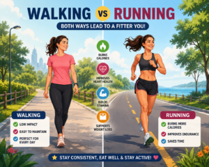 A premium animated illustration comparing a man walking on one side and running on the other through a scenic park, with subtle fitness elements highlighting calorie burn, heart health, endurance, and sustainable fat loss.