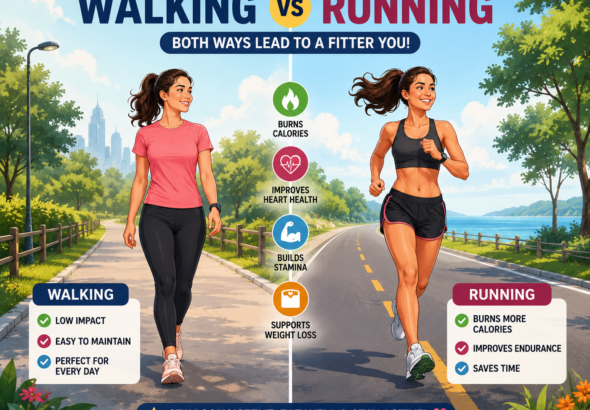 A premium animated illustration comparing a man walking on one side and running on the other through a scenic park, with subtle fitness elements highlighting calorie burn, heart health, endurance, and sustainable fat loss.