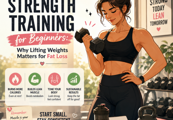 Illustrated beginner performing strength training with dumbbells in a modern gym, highlighting how lifting weights helps burn fat, build lean muscle, and improve metabolism.