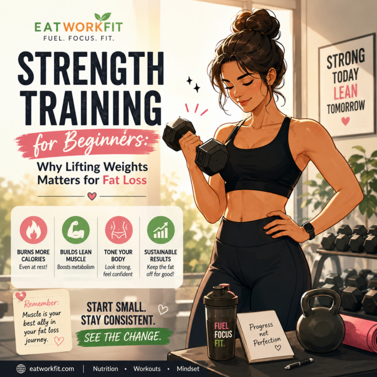 Illustrated beginner performing strength training with dumbbells in a modern gym, highlighting how lifting weights helps burn fat, build lean muscle, and improve metabolism.