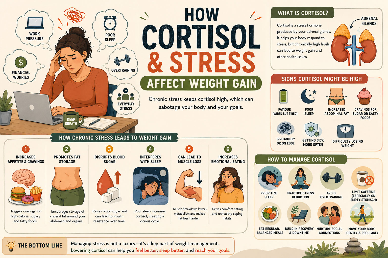 Woman experiencing stress and showing the effects of cortisol on weight gain and belly fat