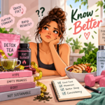 Detox tea and fat burner supplements with healthy foods and fitness equipment