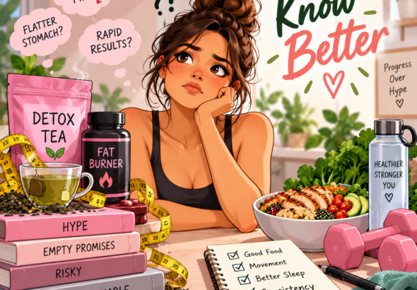 Detox tea and fat burner supplements with healthy foods and fitness equipment