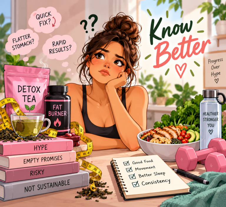 Detox tea and fat burner supplements with healthy foods and fitness equipment