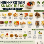 Healthy high-protein snacks including Greek yogurt, eggs, cottage cheese, fruit, tuna and edamame