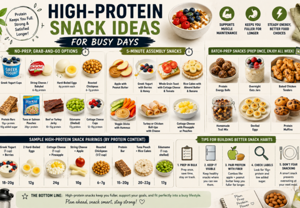 Healthy high-protein snacks including Greek yogurt, eggs, cottage cheese, fruit, tuna and edamame