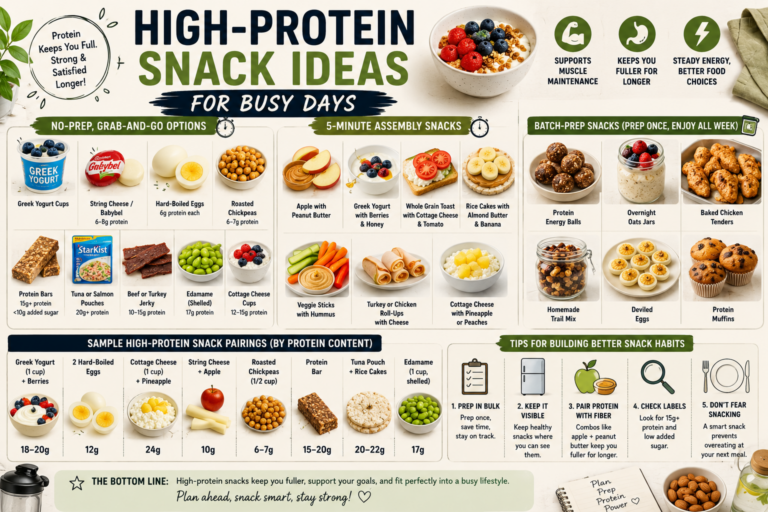 Healthy high-protein snacks including Greek yogurt, eggs, cottage cheese, fruit, tuna and edamame