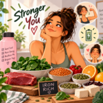 Woman choosing iron-rich foods including spinach, lentils, meat, pumpkin seeds and citrus fruits
