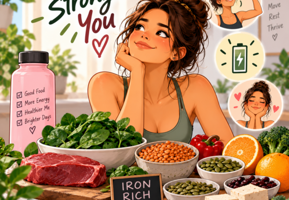 Woman choosing iron-rich foods including spinach, lentils, meat, pumpkin seeds and citrus fruits