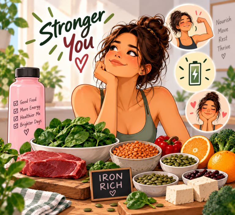 Woman choosing iron-rich foods including spinach, lentils, meat, pumpkin seeds and citrus fruits