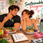 Woman planning a sustainable calorie deficit with healthy food and fitness equipment