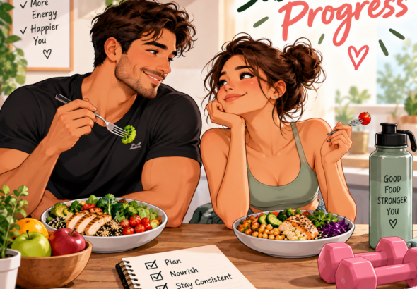 Woman planning a sustainable calorie deficit with healthy food and fitness equipment