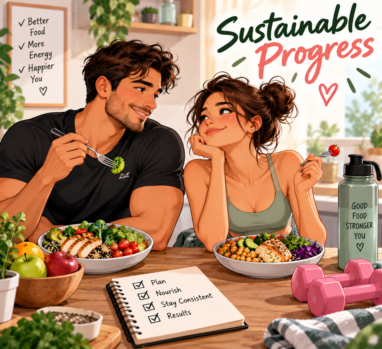 Woman planning a sustainable calorie deficit with healthy food and fitness equipment