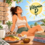 Woman enjoying sunlight with vitamin D-rich foods including salmon, eggs and fortified milk