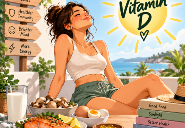 Woman enjoying sunlight with vitamin D-rich foods including salmon, eggs and fortified milk