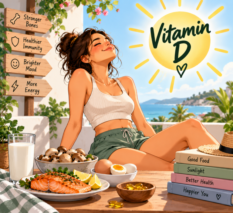 Woman enjoying sunlight with vitamin D-rich foods including salmon, eggs and fortified milk