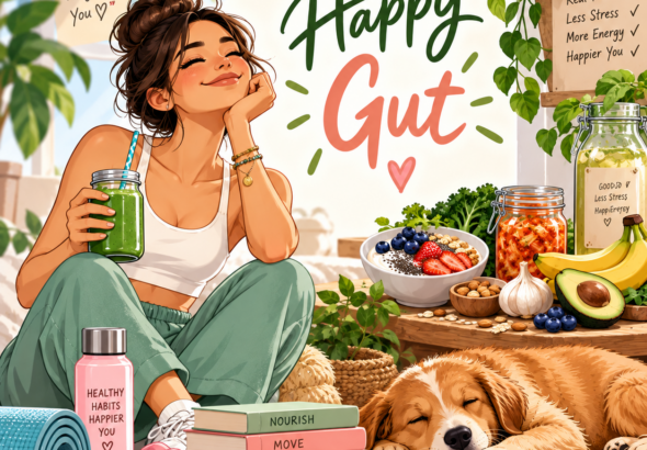 Healthy gut health concept showing digestive system, fiber-rich foods and probiotics