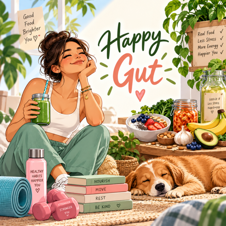 Healthy gut health concept showing digestive system, fiber-rich foods and probiotics