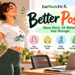 Woman demonstrating posture improvement exercises in a modern workspace, with stretches for rounded shoulders, neck tension, and back stiffness from prolonged sitting.