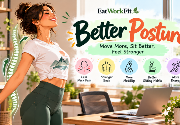 Woman demonstrating posture improvement exercises in a modern workspace, with stretches for rounded shoulders, neck tension, and back stiffness from prolonged sitting.