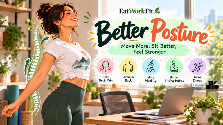 Woman demonstrating posture improvement exercises in a modern workspace, with stretches for rounded shoulders, neck tension, and back stiffness from prolonged sitting.