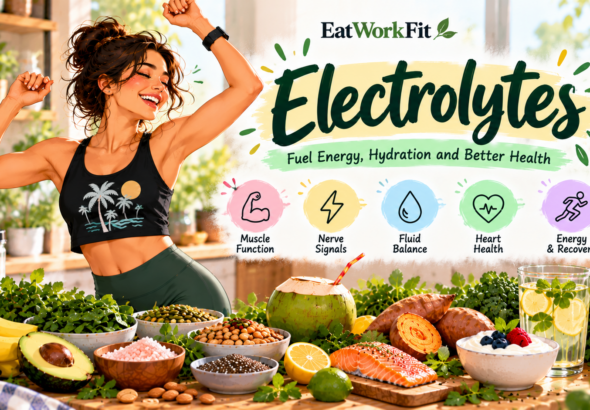 Electrolyte-rich foods including bananas, coconut water, avocados, potatoes, leafy greens, yogurt, nuts, and seeds to support hydration and muscle function.