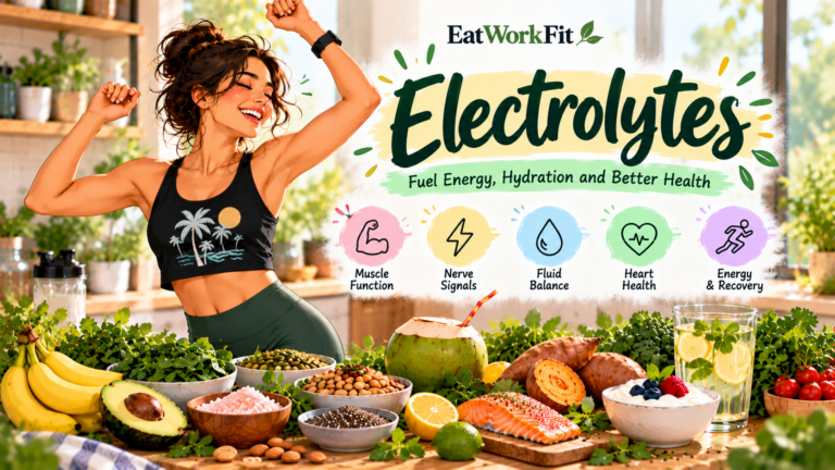 Electrolyte-rich foods including bananas, coconut water, avocados, potatoes, leafy greens, yogurt, nuts, and seeds to support hydration and muscle function.