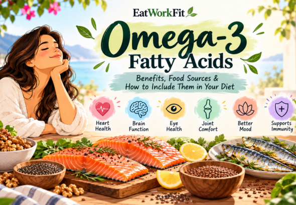 Omega-3-rich foods including salmon, sardines, chia seeds, flaxseeds, walnuts, and mackerel for heart and brain health.