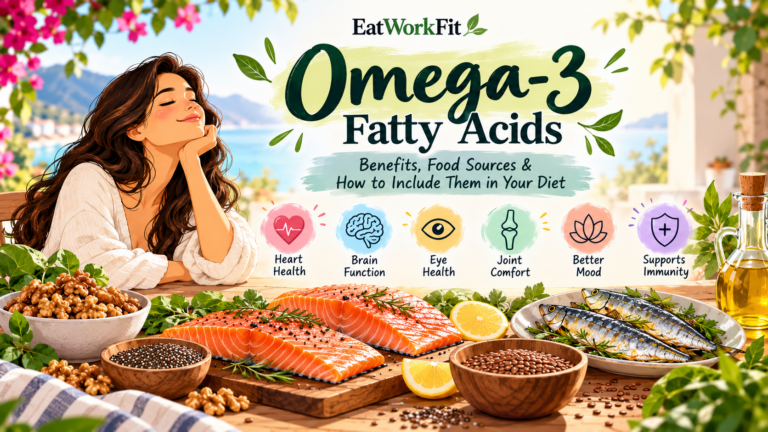 Omega-3-rich foods including salmon, sardines, chia seeds, flaxseeds, walnuts, and mackerel for heart and brain health.