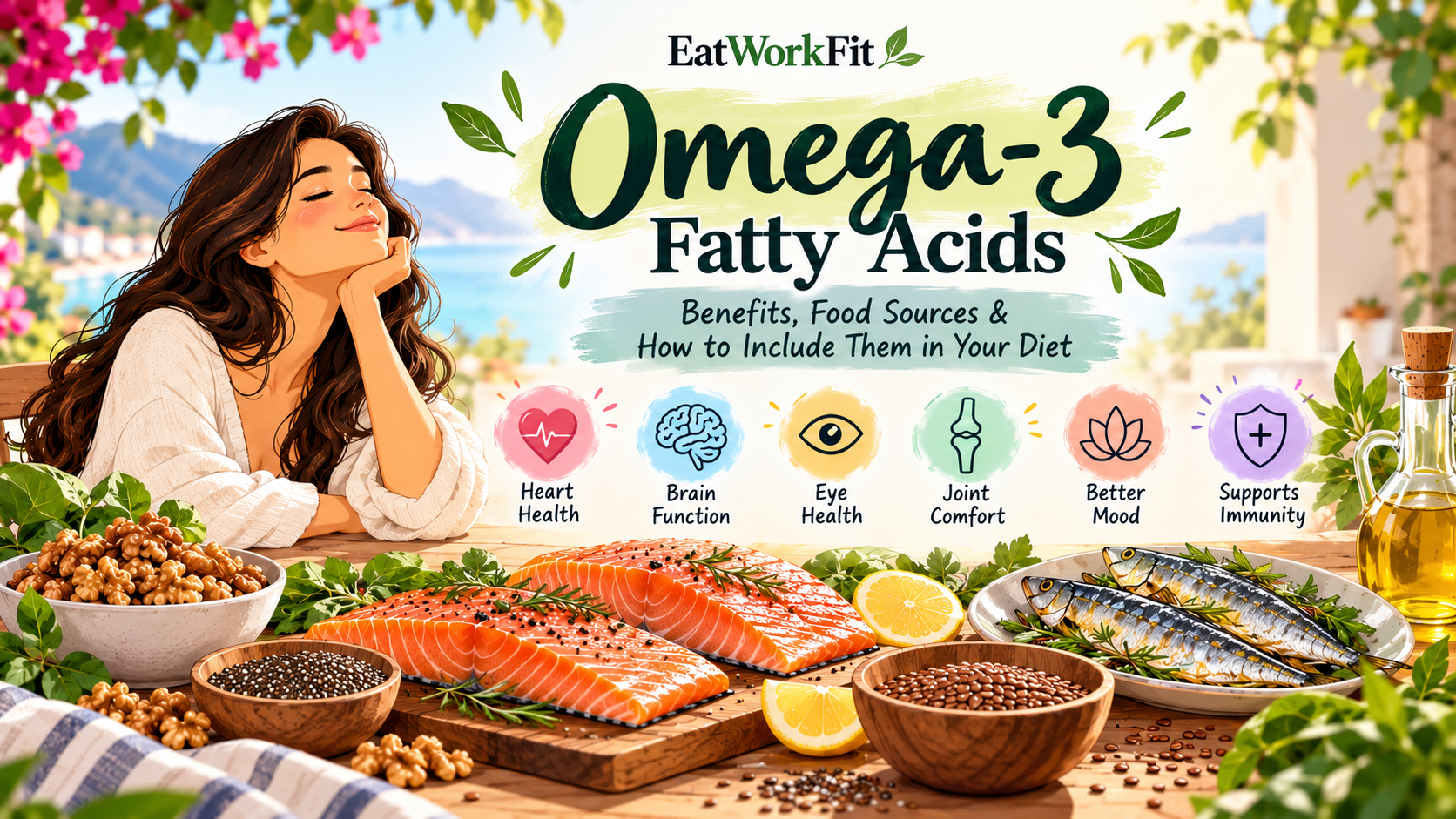 Omega-3-rich foods including salmon, sardines, chia seeds, flaxseeds, walnuts, and mackerel for heart and brain health.