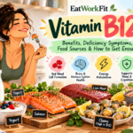 Vitamin B12-rich foods including salmon, eggs, milk, yogurt, meat, and fortified plant milk to support red blood cell formation and nervous system health.