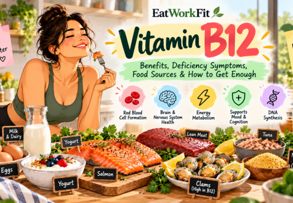 Vitamin B12-rich foods including salmon, eggs, milk, yogurt, meat, and fortified plant milk to support red blood cell formation and nervous system health.