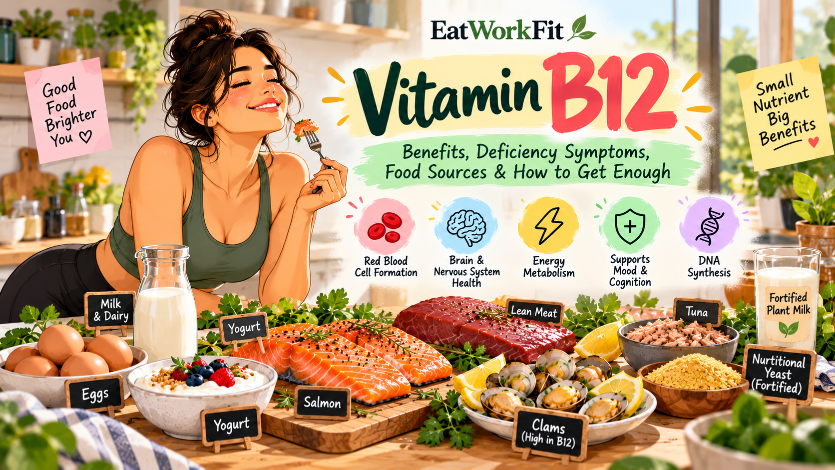 Vitamin B12-rich foods including salmon, eggs, milk, yogurt, meat, and fortified plant milk to support red blood cell formation and nervous system health.